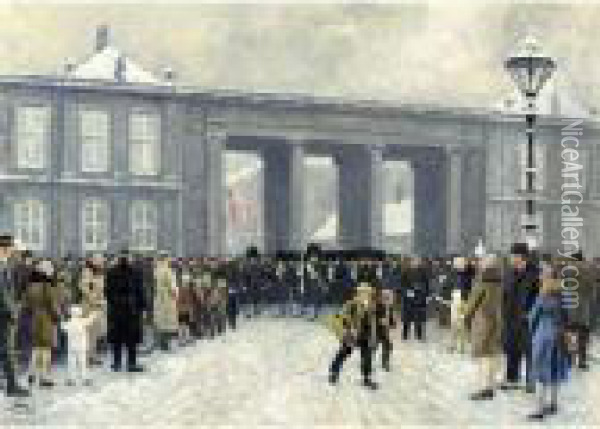 Livgarden Marcherer Ind Mod 
Amalienborg Slotsplads (guards Marching Out Of Amalienborg Castle) Oil Painting - Paul-Gustave Fischer