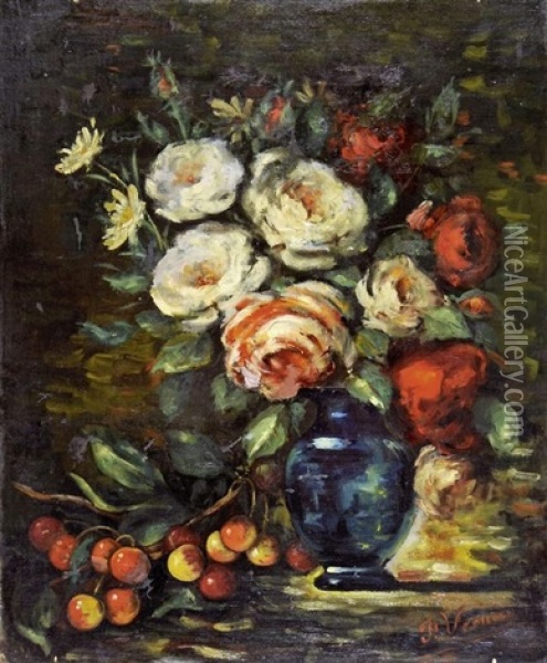 Vase De Roses Et Branche De Cerises Oil Painting - Francois Vernay