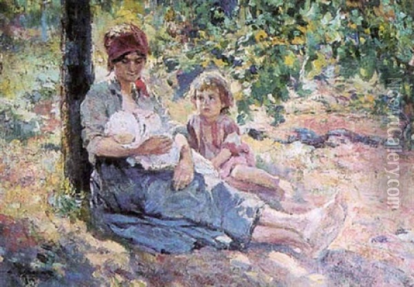Mere Et Enfants Dans Un Parc Oil Painting - Alfredo Vaccari