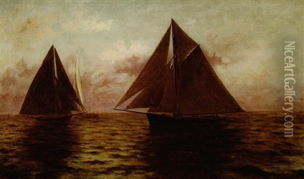 Sailboats At Dusk Oil Painting - August Norieri