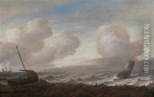 Ships And Fishing Boats On A Turbulent Sea Oil Painting - Pieter Mulier the Elder