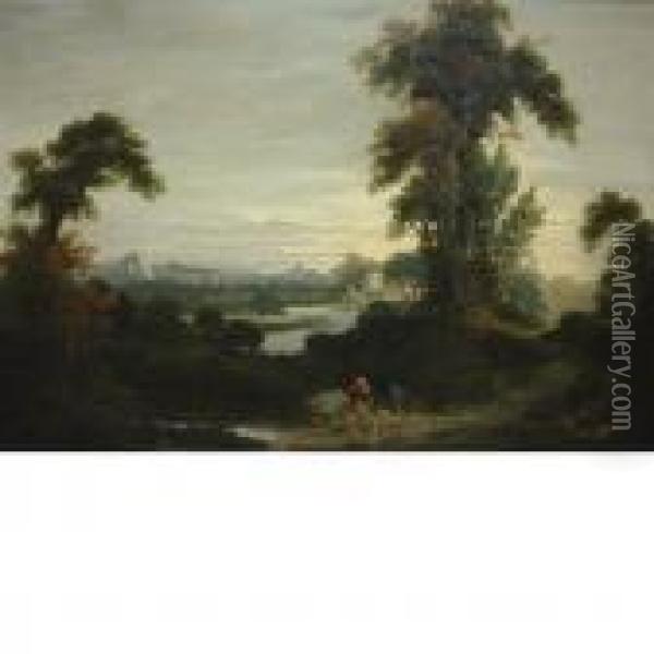 Figures In A River Landscape,a Town In The Distance Oil Painting - Peter de Wint