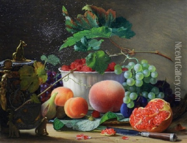 A Still Life Composition With Grapes, Raspberries, Peaches And Other Fruit On A Table Top Oil Painting - Carl Vilhelm Balsgaard