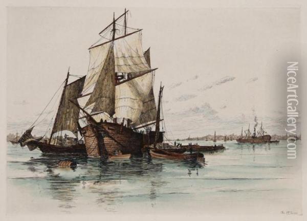 Ships In New York Harbor Oil Painting - Charles F. Mielatz