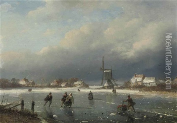 A Winter Landscape With Skaters And A Mill Beyond Oil Painting - Nicolaas Johannes Roosenboom
