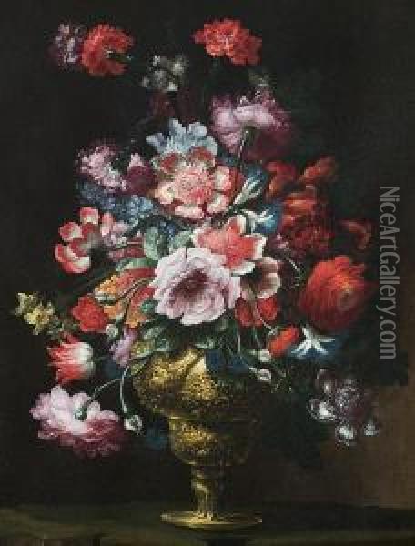 A Still Life Of Roses, Peonies, Carnations,convolvulus And Other Flowers In A Gold Vase On A Stone Ledge Oil Painting - Andrea Scaccati
