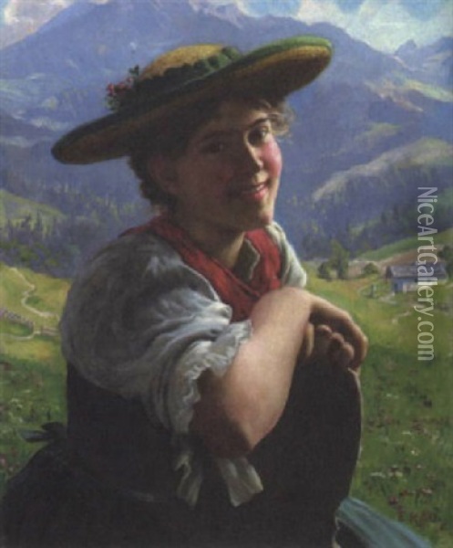 Lachendes Bayerisches Dirndl Oil Painting - Emil Rau