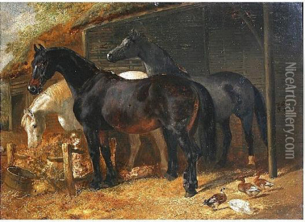 Horses Feeding Before A Stable Oil Painting - Henry Charles Woollett