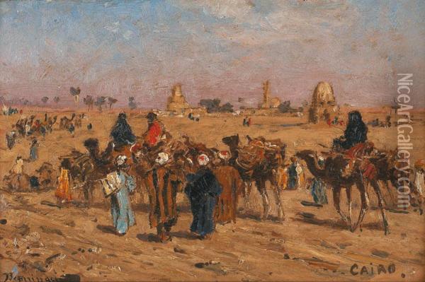 Caravane En Marche Pres Du Caire. Oil Painting - Edmund Berninger