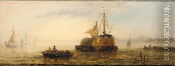 Hay Barge; Shipping By Moonlight Oil Painting - William Adolphu Knell
