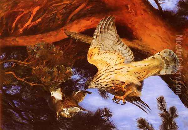 Hawk Attacking Prey Oil Painting - Bruno Andreas Liljefors
