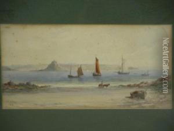 St Michaels Mount (?) With Fishing Smacks In The Bay Oil Painting - John Clarkson Uren