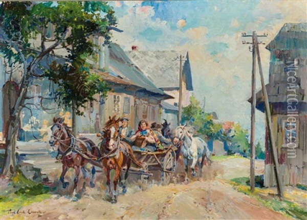 Dorfstrase Mit Pferdefuhrwerk An Einem Sommertag Oil Painting - Paul Emile Lecomte