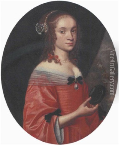 Portrait Of A Young Lady In A Red Dress And Holding A Miniature Oil Painting - Bartholomeus Van Der Helst