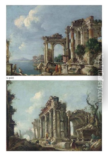 An Architectural Capriccio With Figures By A Bay (+ An Architectural Capriccio With Figures Conversing; 2 Works) Oil Painting - Giovanni Paolo Panini