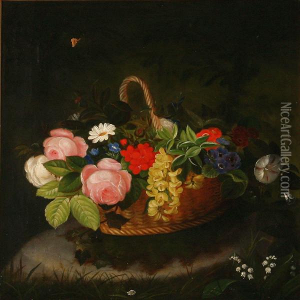 Flowers In A Basket Oil Painting - Olaf August Hermansen