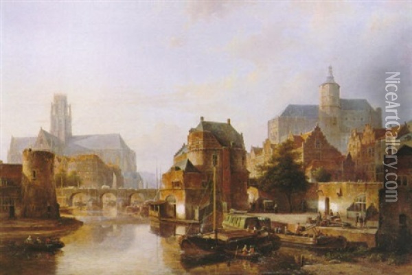 A Town Along A River With Moored Shipping And Figures       Unloading A Flat, Churches Beyond Oil Painting - Kasparus Karsen