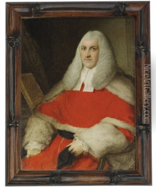 Sir Richard Perryn Seated In Red Robes And White Bands, Long Powdered Wig; Interior Background Oil Painting - Samuel Shelley