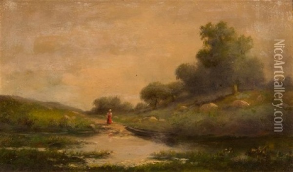 Lady On A Riverbank Oil Painting - Charles Francois Daubigny