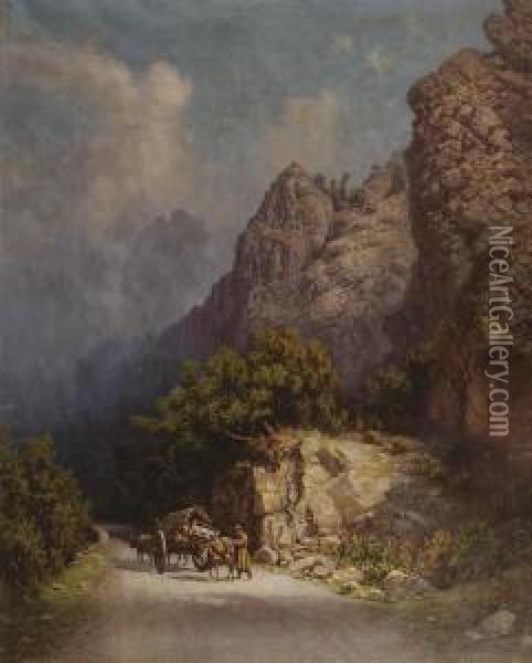 Ox-drawn Cart In The Mountains Oil Painting - Ilya Nikolaevich Zankovsky