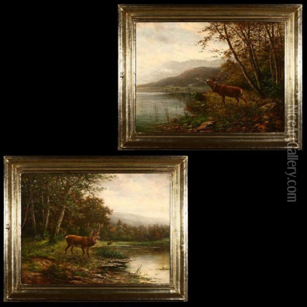 Two Matched Landscapes: Each Depicting A Stag Near A Lake Oil Painting - Herman Herzog