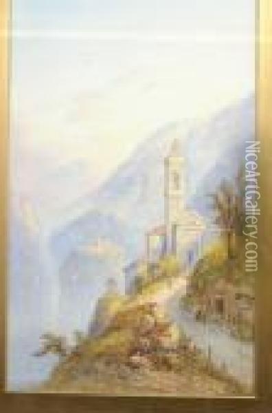 A Pair, Italian Scenes, Villa On Lake Lugano And On The Torno Road, Lake Como Oil Painting - Edwin St John