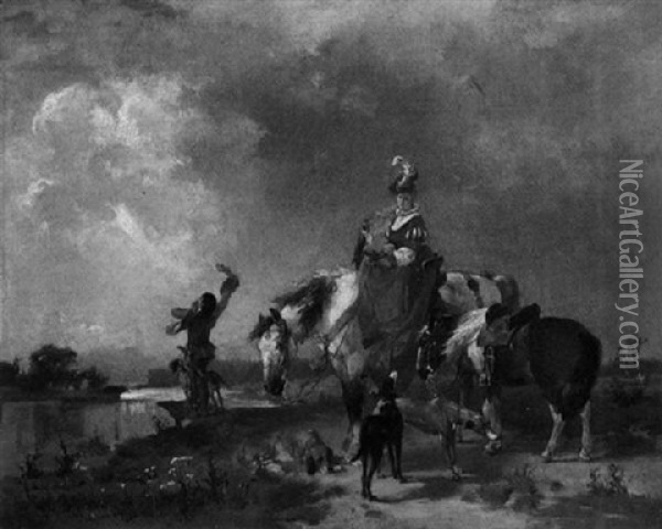 Falkenjagd - Junge, Vornehme Falknerin Zu Pferde Mit Pagen Und Jagdhunden Am Flussufer Oil Painting - Helene Buettner
