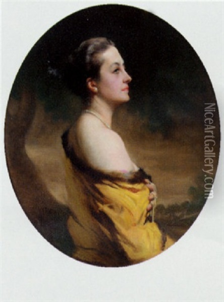 Portrait Of Lady Mount In A Yellow Fur-trimmed Wrap In A Landscape Oil Painting - John Saint-Helier Lander