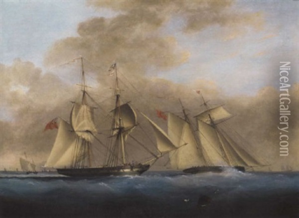 A Royal Navy Bring Heaving-to In The Wake Of The Royal Yacht Squadron Topsail Schooner Racing To Windward Oil Painting - Nicholas Matthew Condy