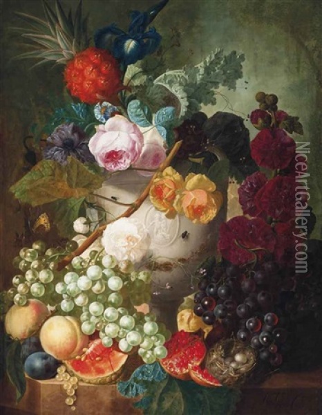Peonies, Roses, An Iris And Other Flowers In A Vase With Putti, With A Bird's Nest And Peaches, A Pineapple, A Pomegranate, Grapes And Other Fruit On A Stone Ledge Oil Painting - Jan van Os