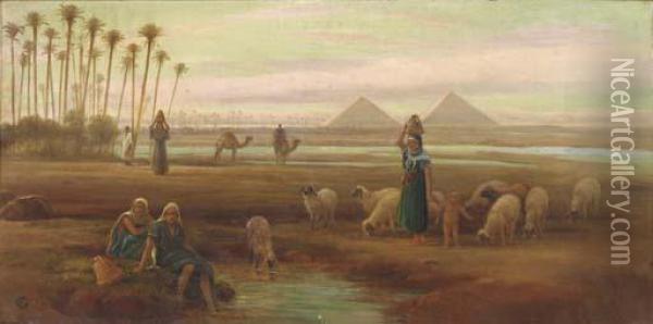 Sunset Over The Pyramids Oil Painting - Frederick Goodall