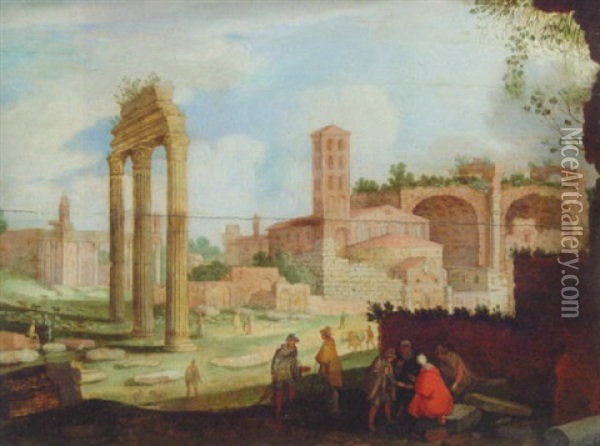 The Forum, Rome, With The Temple Of Castor And Pollux Oil Painting - Willem van Nieulandt the Younger