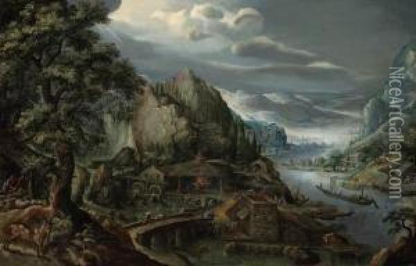 A Mountainous River Valley, With An Iron Foundry, A Town In The Distance Oil Painting - Frans I Francken
