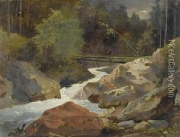 River Landscape With A Log Bridge Oil Painting - Johann Gottfried Steffan