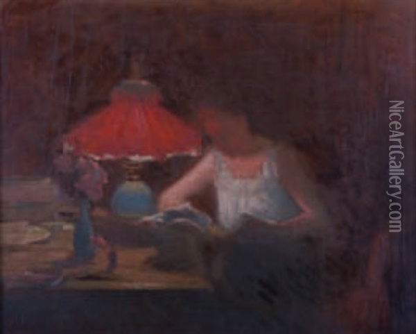 La Lecture Sou La Lampe Oil Painting - Lucien Rene Mignon