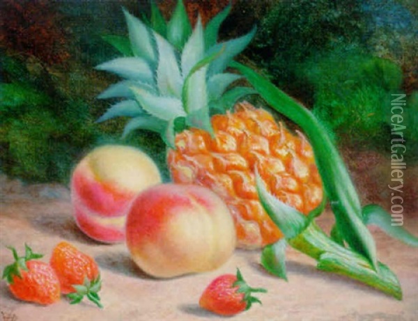 Peaches, Strawberries, And A Pineapple, On A Mossy Bank Oil Painting - William Hughes