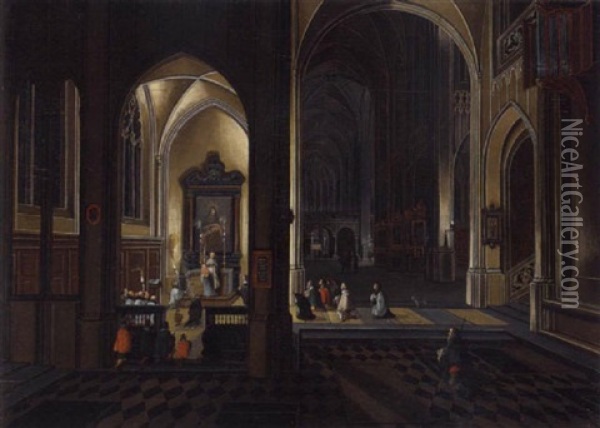 The Interior Of A Gothic Cathedral By Night Oil Painting - Peeter Neeffs the Younger