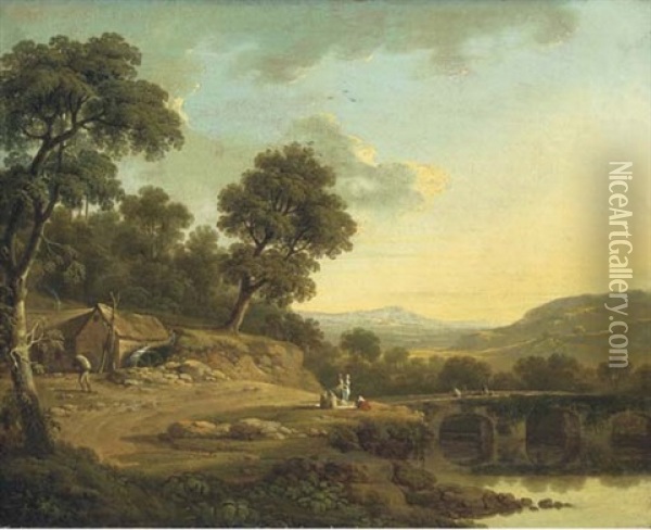 A Wooded River Landscape With Travellers On A Bridge, Women Winnowing, And A Labourer By A Mill In The Foreground Oil Painting - Thomas Roberts