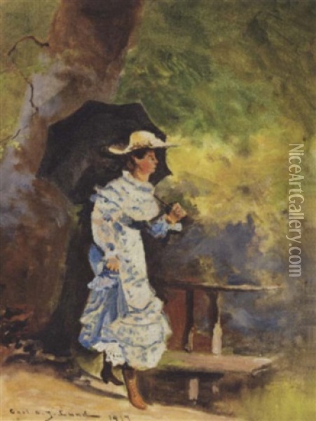 Ung Kvinde I Hvid Kjole Med Parasol Oil Painting - Carl Ove Julian Lund