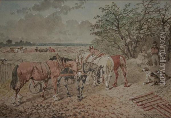 Farm Horses And Workers In A Field Oil Painting - John Frederick Herring Snr