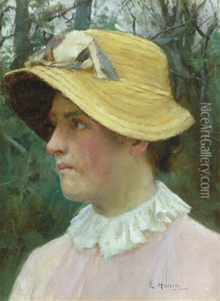 Head Of A Young Woman Wearing A Straw Bonnet Oil Painting - Edwin Harris