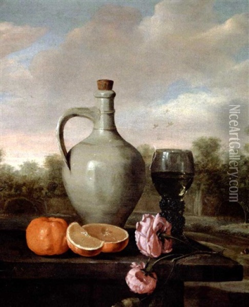Stentojskande, Romer, Appelsiner Og Roser Pa En Karm I Et Landskab Oil Painting - Abraham Susenier