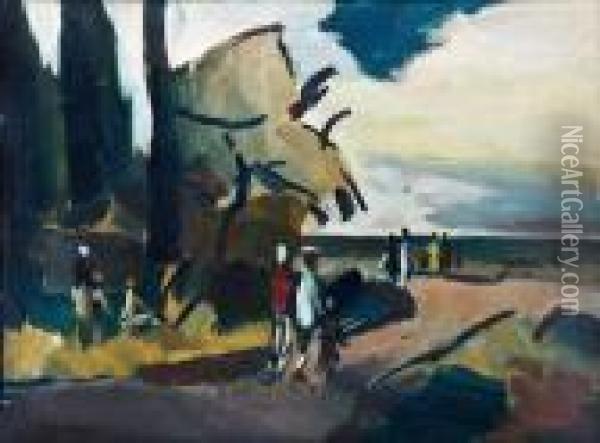 Flanierende Personen Am Strand Oil Painting - Nicolas Tarkhoff