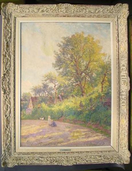 Children At Play On A Country Lane Oil Painting - Jules Rozier