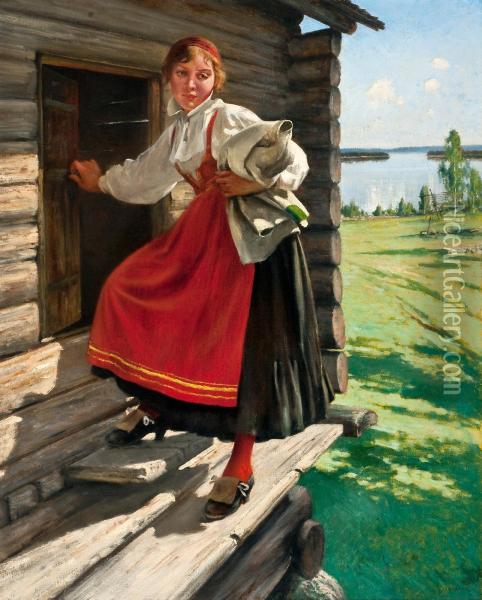 Girl In Mora Dress Oil Painting - August Wilhelm Nikolaus Hagborg