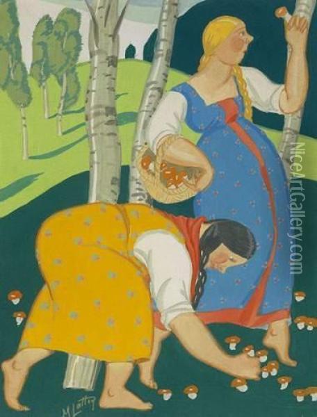 Mushroom Picking Oil Painting - Mikhail Pelopidovich Latri