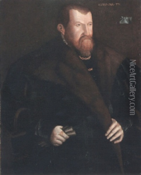 Portrait Of A Gentleman, Half Length, Wearing Black Coat With Fur Collar Oil Painting - Georg Pencz