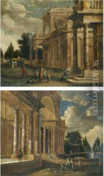 A Pair Of Architectural Capricci With Elegant Figures Conversing In The Foreground Oil Painting - Jacobus Saeys