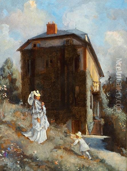 A Woman And A Child Outside A House Oil Painting - Louis-Aime Japy