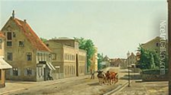 Townscape From Flensburg With Sweeper And Cart Oil Painting - Frederik Christian Lund